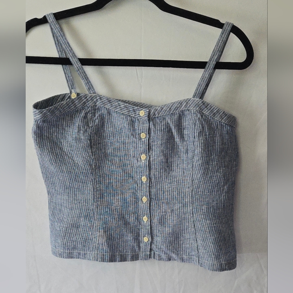 Everlane Picnic Chambray 100% Linen Blue/White Stripe Cropped Tank Top Size 00